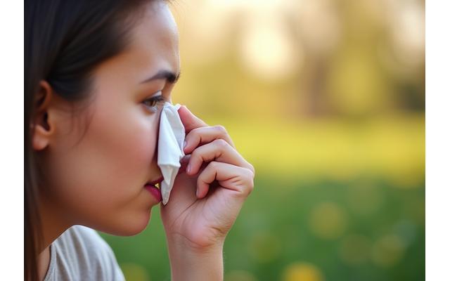 A person gently touching their nose with a tissue, surrounded by softly blurred spring foliage, symbolizing seasonal allergies and the need for natural relief.