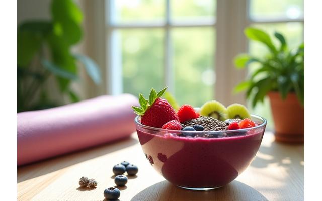 A fresh, vibrant smoothie bowl topped with berries and chia seeds, next to a yoga mat in a sunlit room, embodying spring detox and renewal.