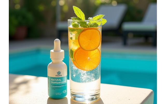 A refreshingly cool image featuring infused water with citrus and mint next to a bottle of electrolytes, on a sunlit patio, evoking hydration and summer wellness.