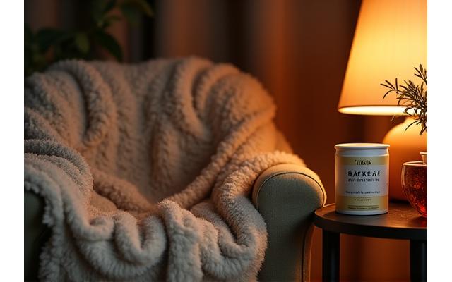 Cozy indoor scene with a warm blanket, a mug of herbal tea, and immune-boosting supplements, representing comfort and health during colder months.