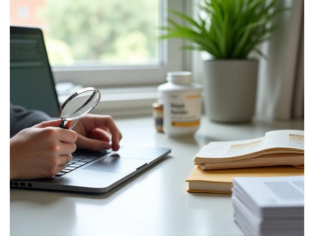 A balanced composition of a person thoughtfully examining product labels with a magnifying glass, alongside a laptop displaying research, and a stack of books, symbolizing informed decision-making and meticulous product evaluation. The scene is bright and intellectually engaging.